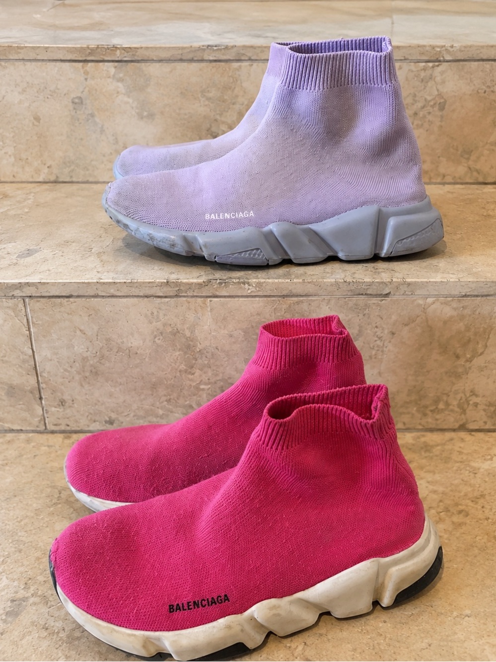 2 pairs authentic Balenciaga Kids Sock Sneakers in Hot Pink and Lavender
